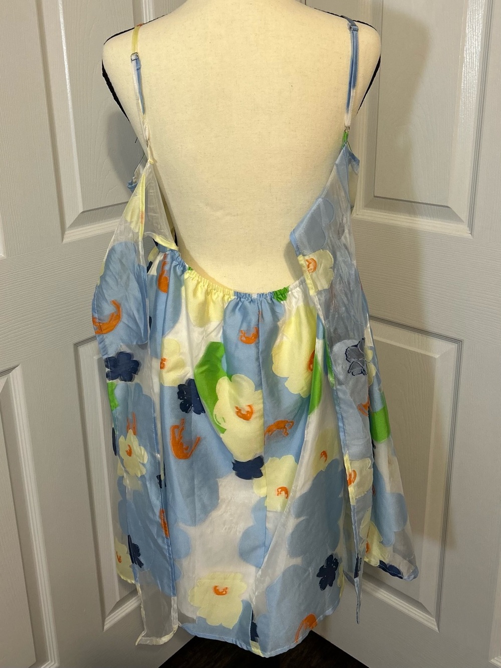 Entro Floral Organza Mini Dress Blue Yellow Tie Back Watercolor Boutique Sz L - Picture 6 of 12